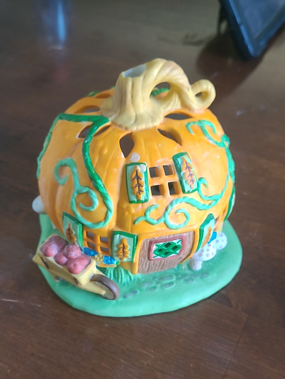 Hand-Painted Look Ceramic Pumpkin Fairy House - Orange & Green